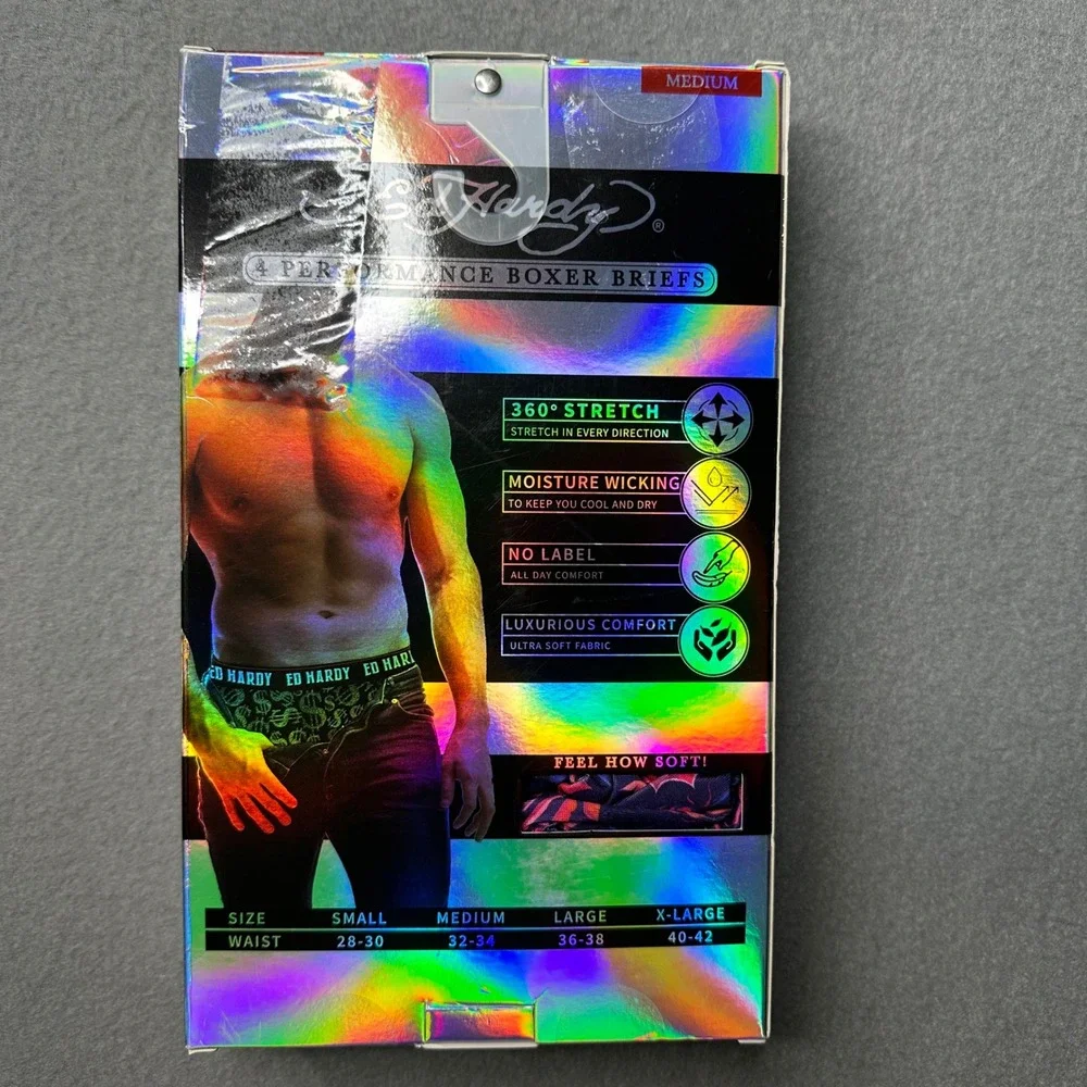 Ed Hardy Boxer Briefs Mens Medium Multi Performance 4 Pack Tattoo Dollar Rose